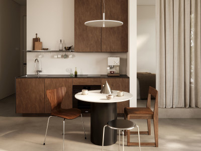 A photorealistic kitchen rendering