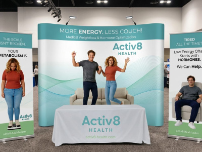 A professional tradeshow booth design - backdrops, banners, podium, pop-ups