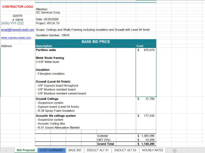 Detailed Drywall Framing quantities takeoff and bid estimates