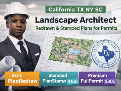 California TX NY SC Landscape Architect Redrawn and Stamped  Plans Permits
