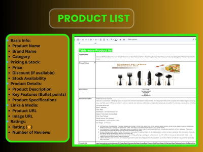 Ecommerce product listing data entry with description image and price
