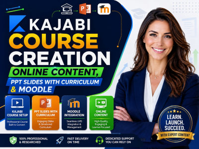Kajabi course creation online content, ppt slides with curriculum & moodle