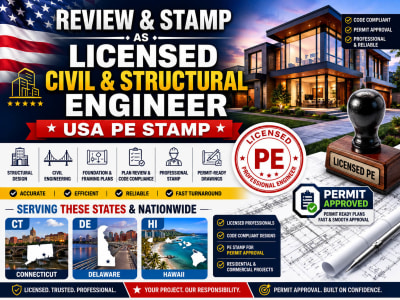 Review and Stamp as Licensed Civil and Structural Engineer USA CT, DE, HI