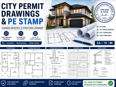 Provide City Permit Drawings and PE Stamp in CA, TX & MI