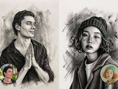 A handmade charcoal style AI portrait from your photo
