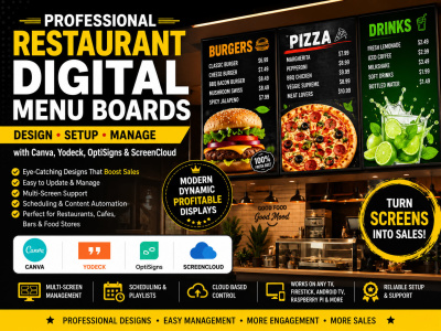 Restaurant Digital Menu Boards with Canva, Yodeck, OptiSigns & screencloud
