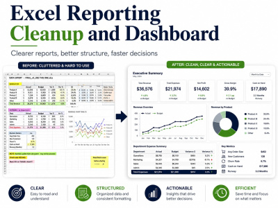 You will get Excel reporting cleanup and dashboard