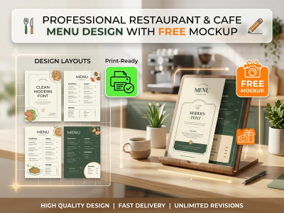 Restaurant & Cafe Menu Design with Realistic Mockup