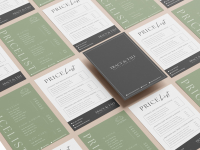 A modern, minimalist salon, spa, gym, and restaurant menu or price list
