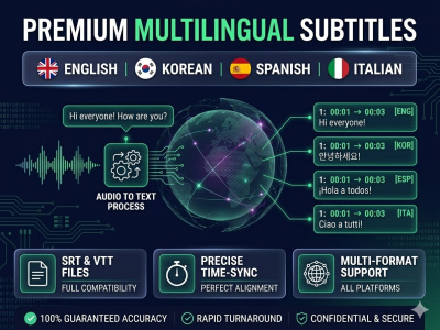 Accurate video subtitle srt vtt files in English, Korean, Spanish, Italian