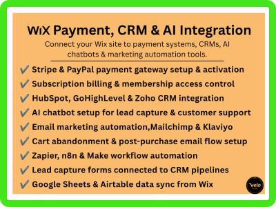 Payment gateway, CRM, AI, Automation & API integration on Wix Website