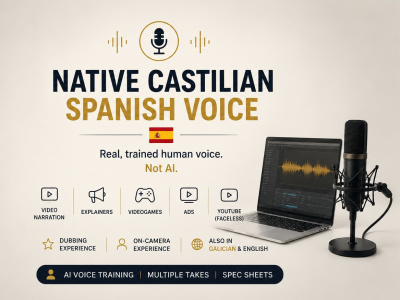 A native Castilian Spanish voice over by a trained dubbing pro
