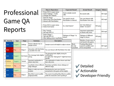 Professional game QA testing with detailed bug reports and UX feedback