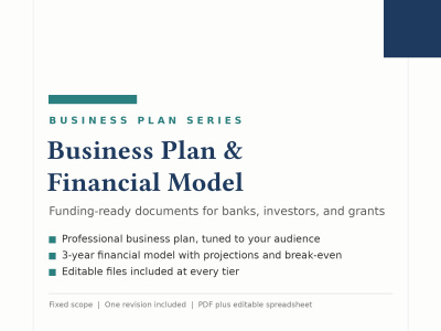 A business plan and financial model for investors or lenders