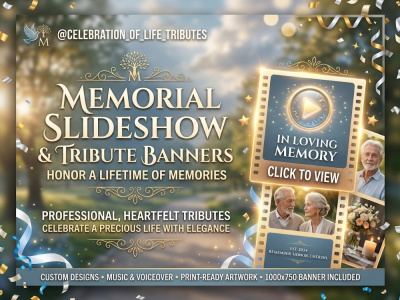 A personalized memorial slideshow video and tribute banner