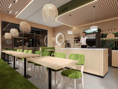 A 3D interior rendering for retail or restaurant design.