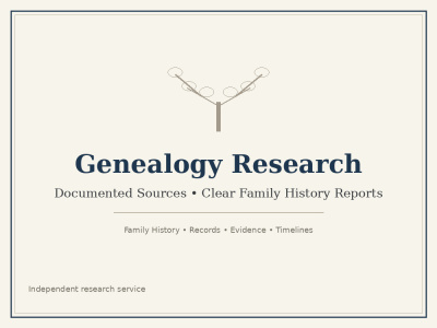 Genealogy research with documented sources and a family history report.