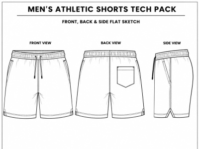 Professional Men's Athletic Shorts Tech Pack With CAD Flat Sketches