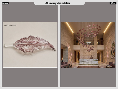 Photorealistic AI renderings of luxury chandeliers and lighting.