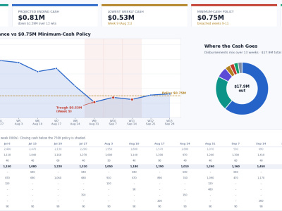 A rolling 13-week cash flow forecast in Excel or Google Sheets