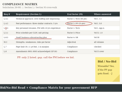 A bid/no-bid read and compliance matrix for your government RFP