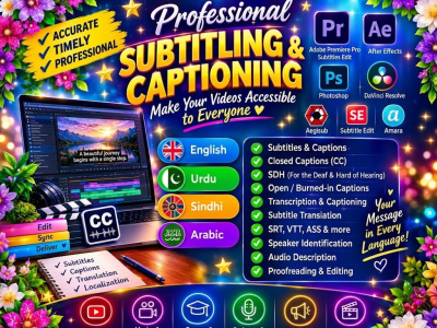 Professional subtitles and captions in English, Urdu, Sindhi, or Arabic