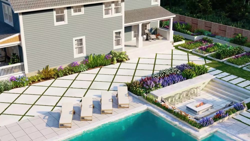 Backyard landscape garden, pool, patio, yard, terrace, and 3d rendering ...