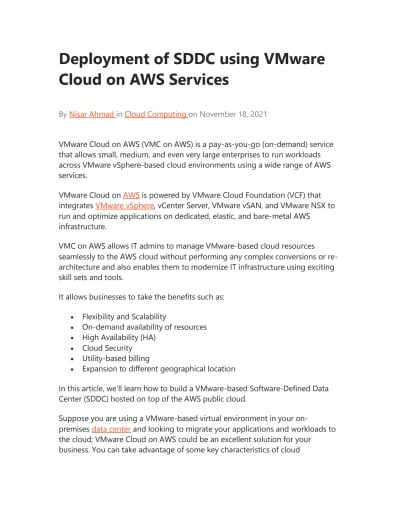 Deployment of SDDC using VMware Cloud on AWS Services
