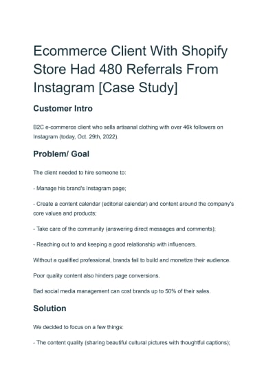 Ecommerce Client With Shopify Store Had 480 Referrals From Instagram