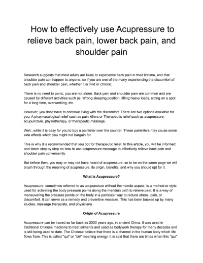 Acupressure to relieve back pain, lower back pain, and shoulder pain