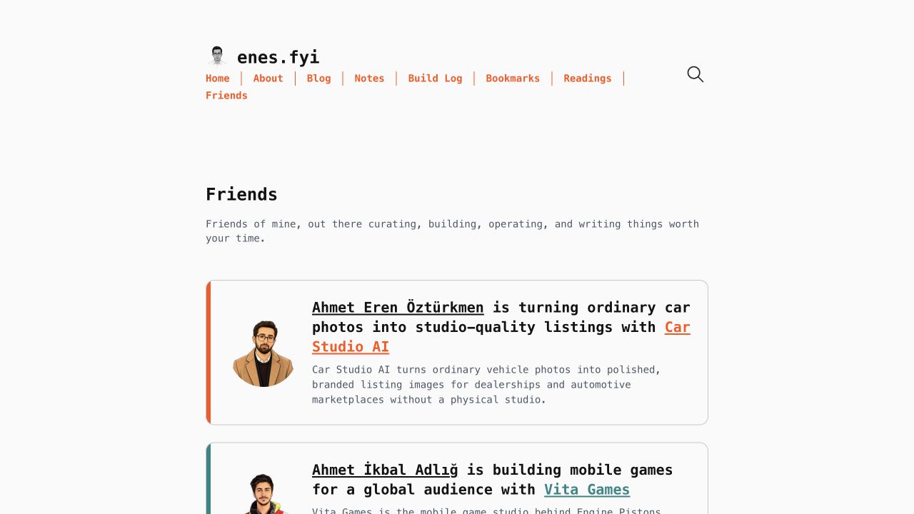 The opening of my friends page, with its introduction and cards introducing people and their work