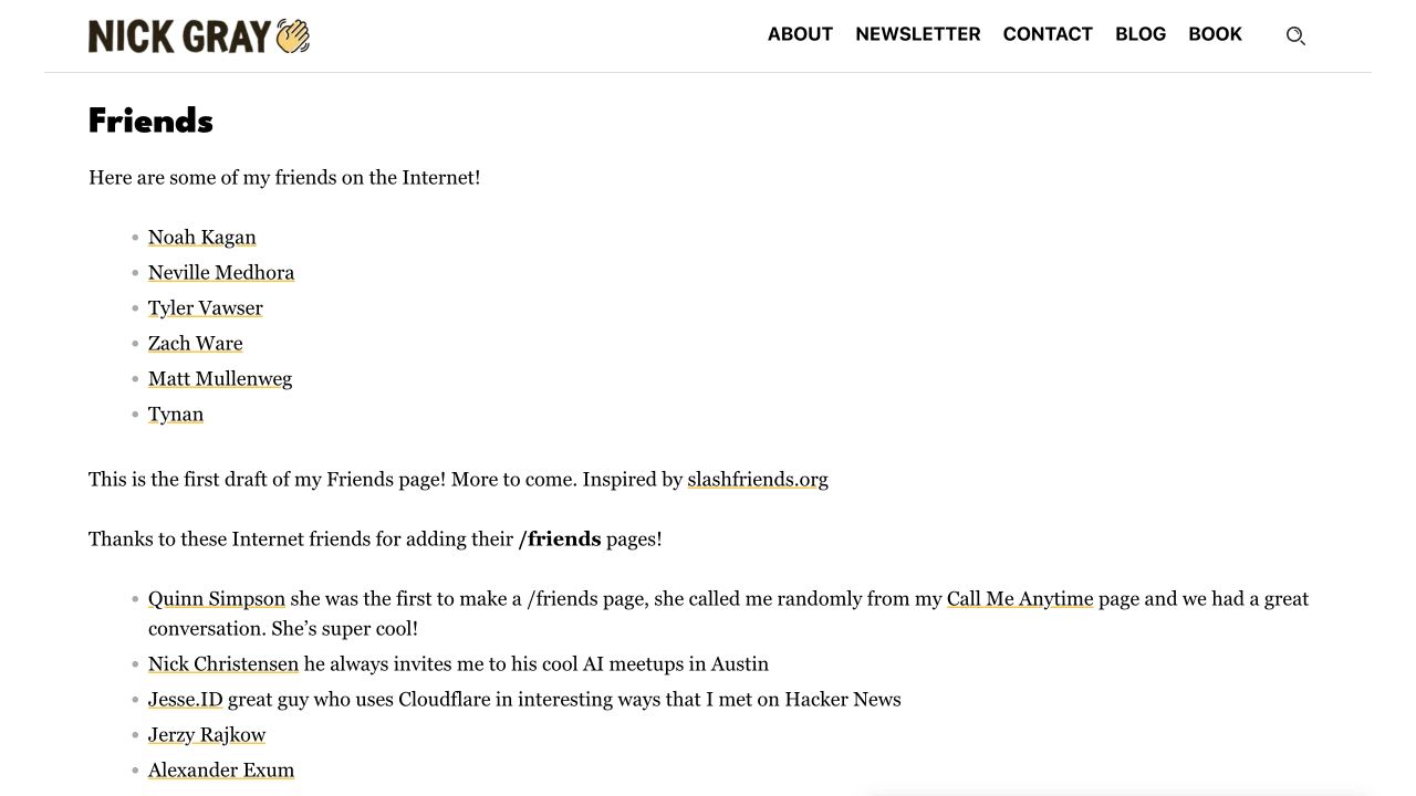 Nick Gray’s friends page, showing a simple list of linked names followed by short introductions to other people