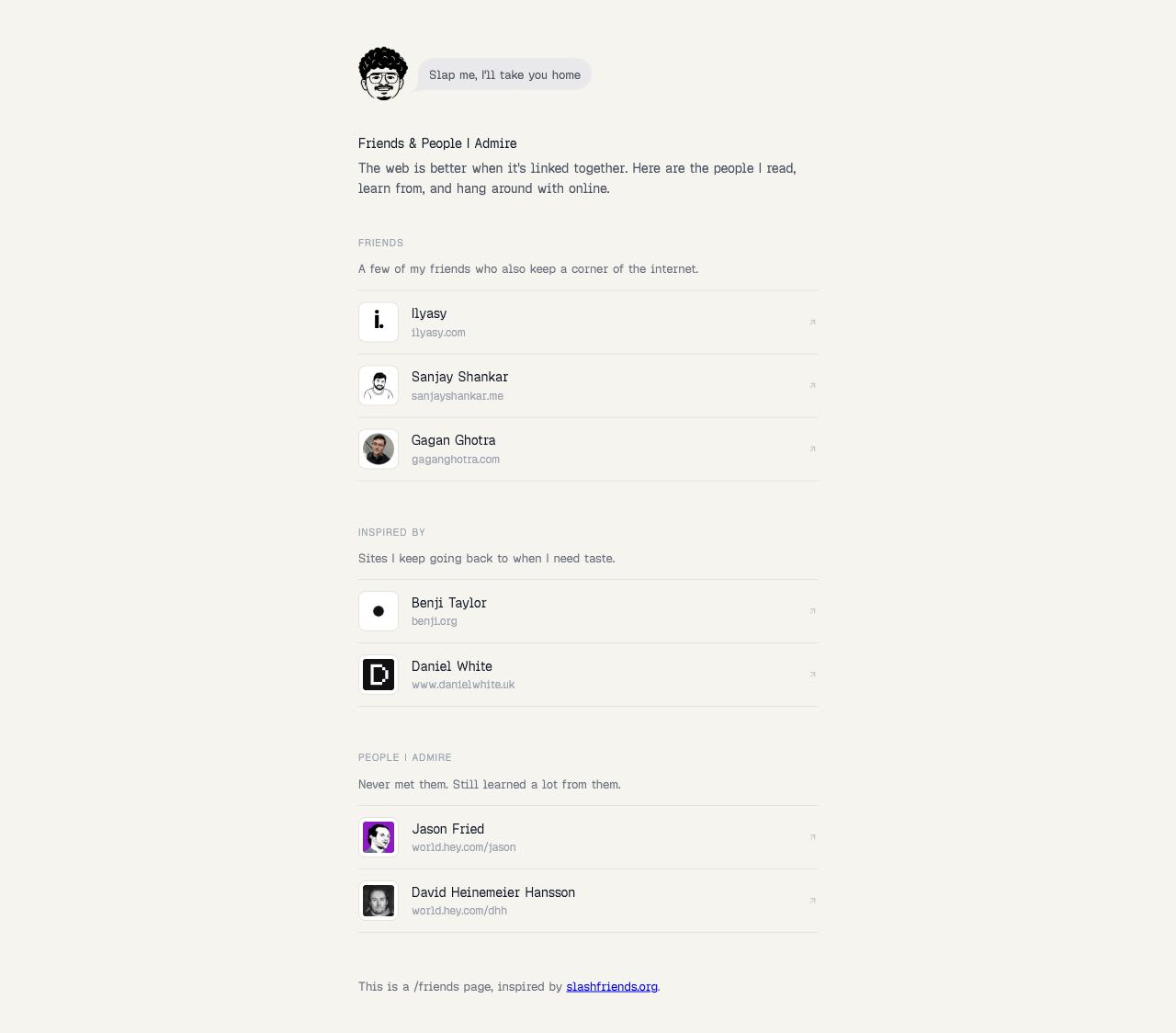 Farhan Srambiyan’s friends page, divided into Friends, Inspired By, and People I Admire