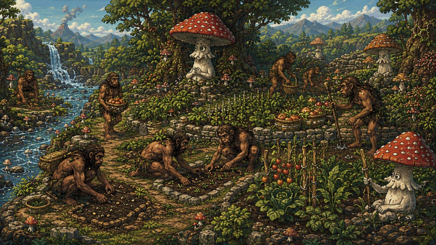 Gardeners of Balance — early human gardeners cultivating food while giant mushrooms supervise