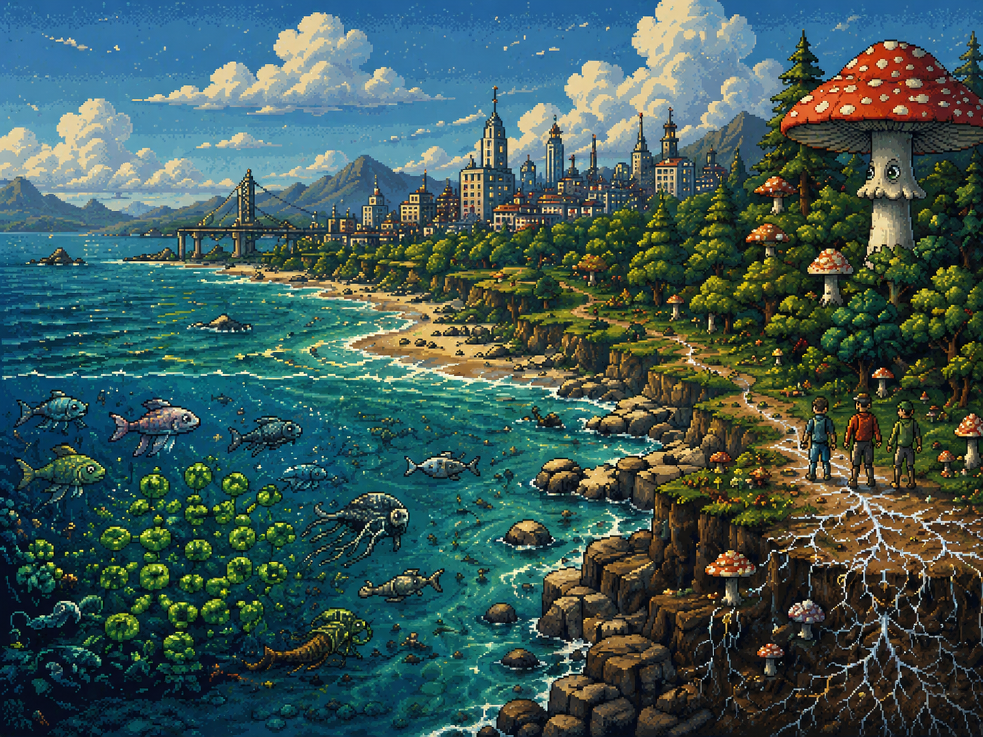 A coastal world connecting ocean life, mycelium, mushrooms, people, and a distant city