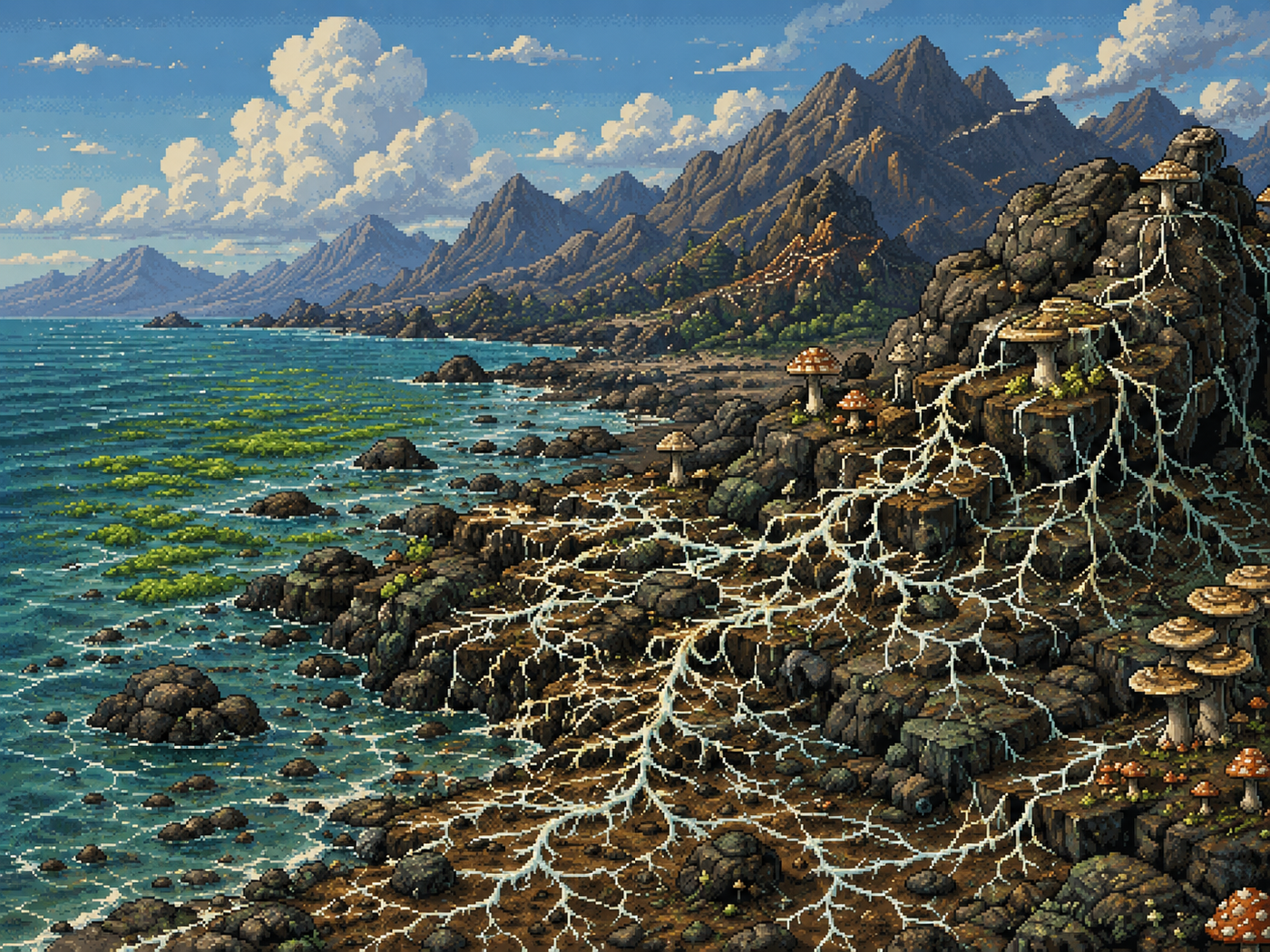 The Bridge to Land — fungi and mycelium spreading from sea to soil