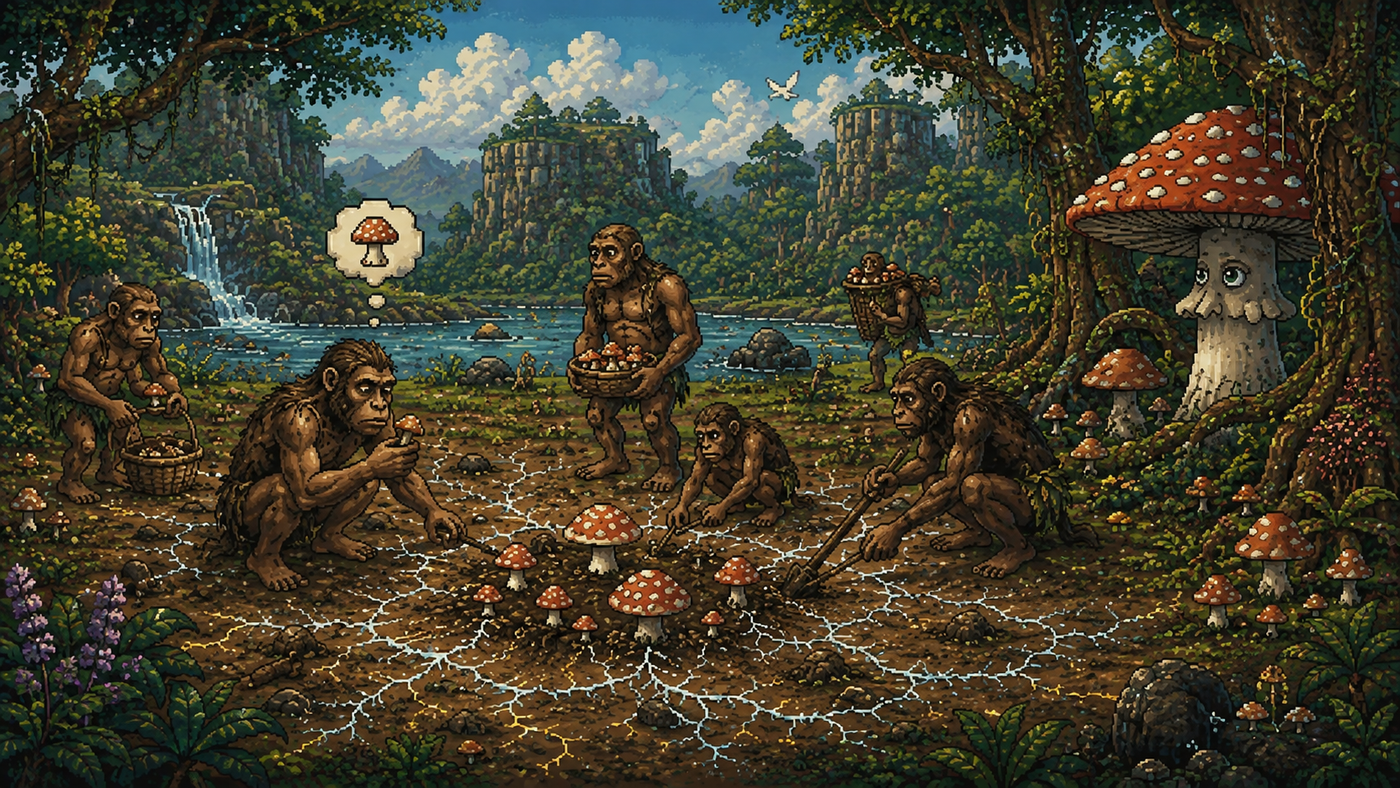 The Human Experiment — hominids interacting with mushrooms and the mycelial network