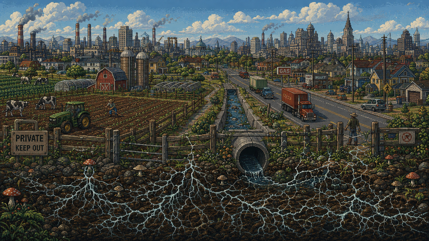The Severance — divided farmland, roads, commerce, and city above a continuing underground network