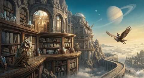 The Scholarly Peaks of Caelum - Image & Concept Art example in the Fantasy category, created with Nano Banana 2