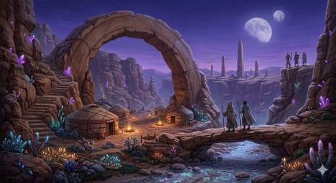 Nomad Canyon of the Twin Moons - Image & Concept Art example in the Fantasy category, created with Nano Banana 2
