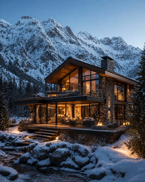 Mountain Retreat - Image & Concept Art example in the Architecture category, created with ChatGPT