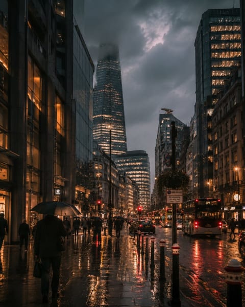 Rainy Metropolis - Image & Concept Art example in the Architecture category, created with ChatGPT