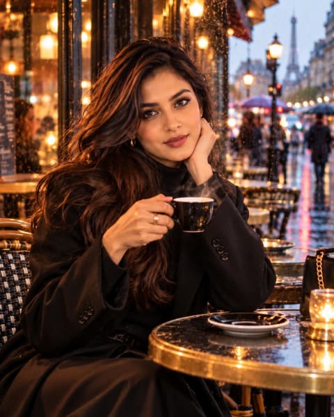 Rainy Café Elegance with Espresso - Image & Concept Art example in the AI Influencer category, created with ChatGPT