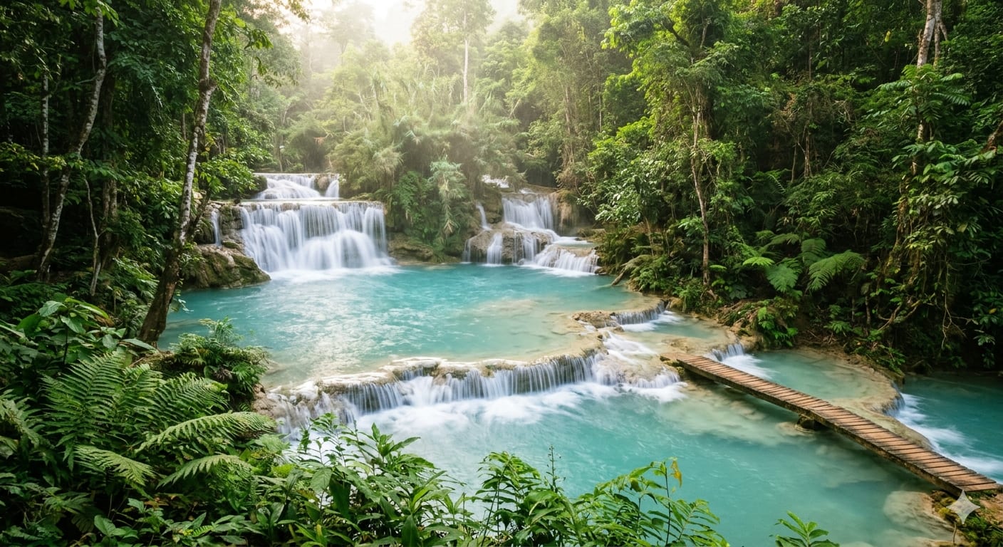 The Jungle Travertine Pools of Kuang Si Falls (Laos) - Image & Concept Art example created with Nano Banana 2 in the Travel category