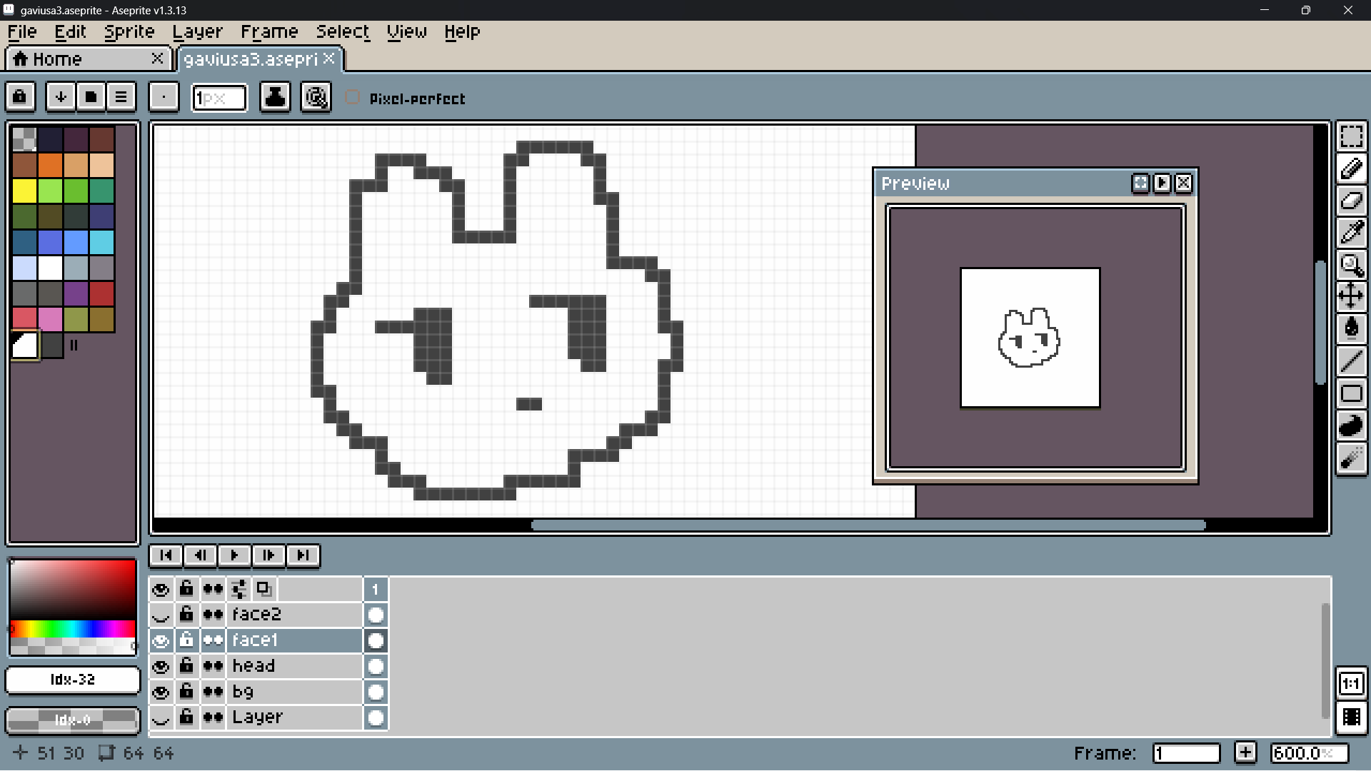 ドット絵エディタでガビガビのうさぎを描いているスクリーンショット