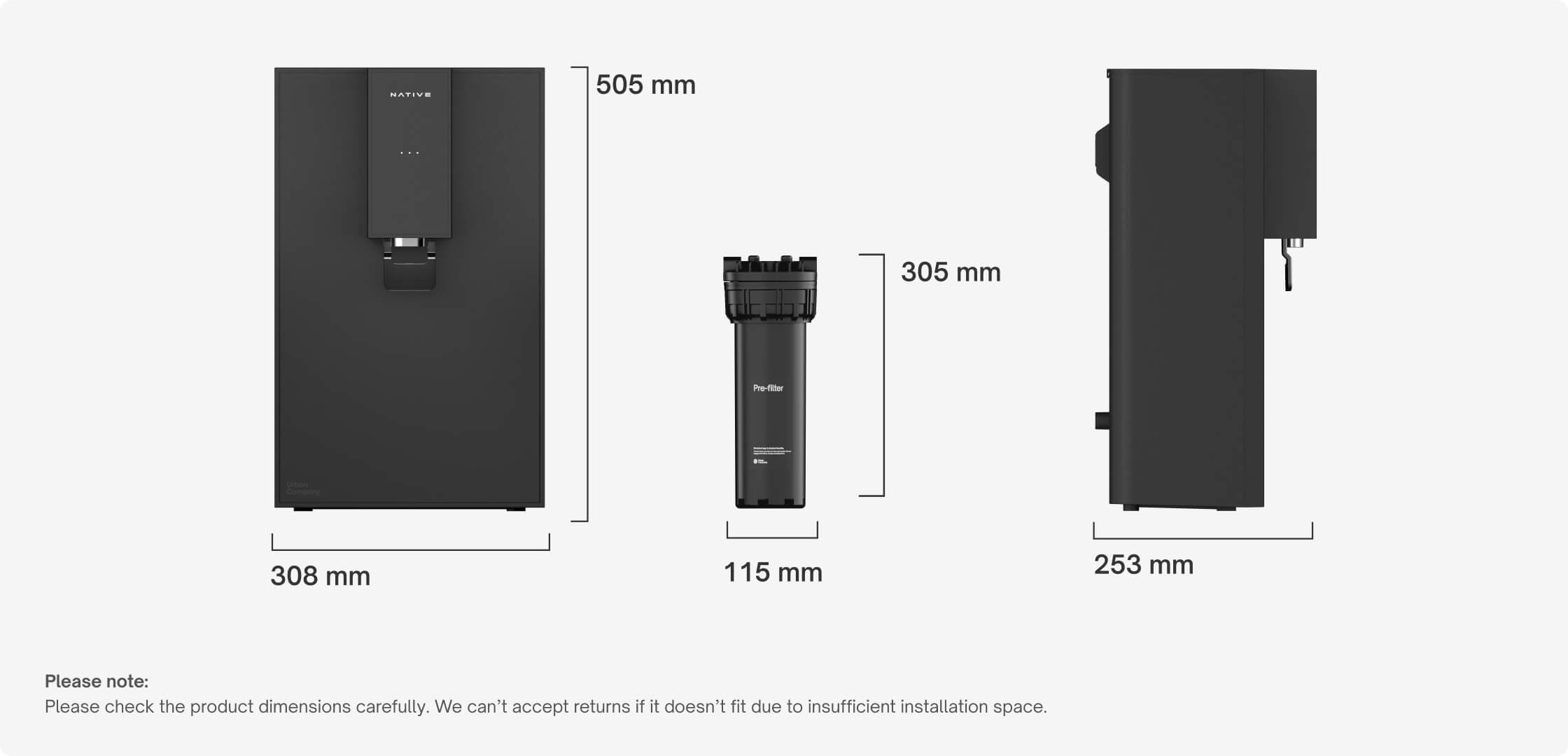 Dimensions for Native RO water purifier