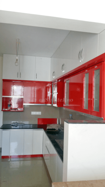 Modular Kitchen With Duo Chromatic Red And White Cabinets By