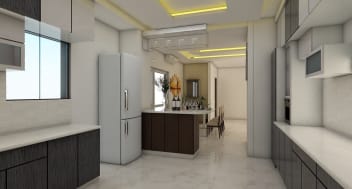 U Shaped Kitchen With Marble Flooring And False Ceiling By