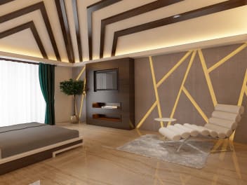 Dark Brown Bedroom With Wooden False Ceiling By Aman Patel