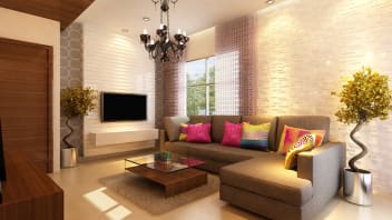 Well Lit Living Room With Tan Shaded Mid Century Modern Sofa